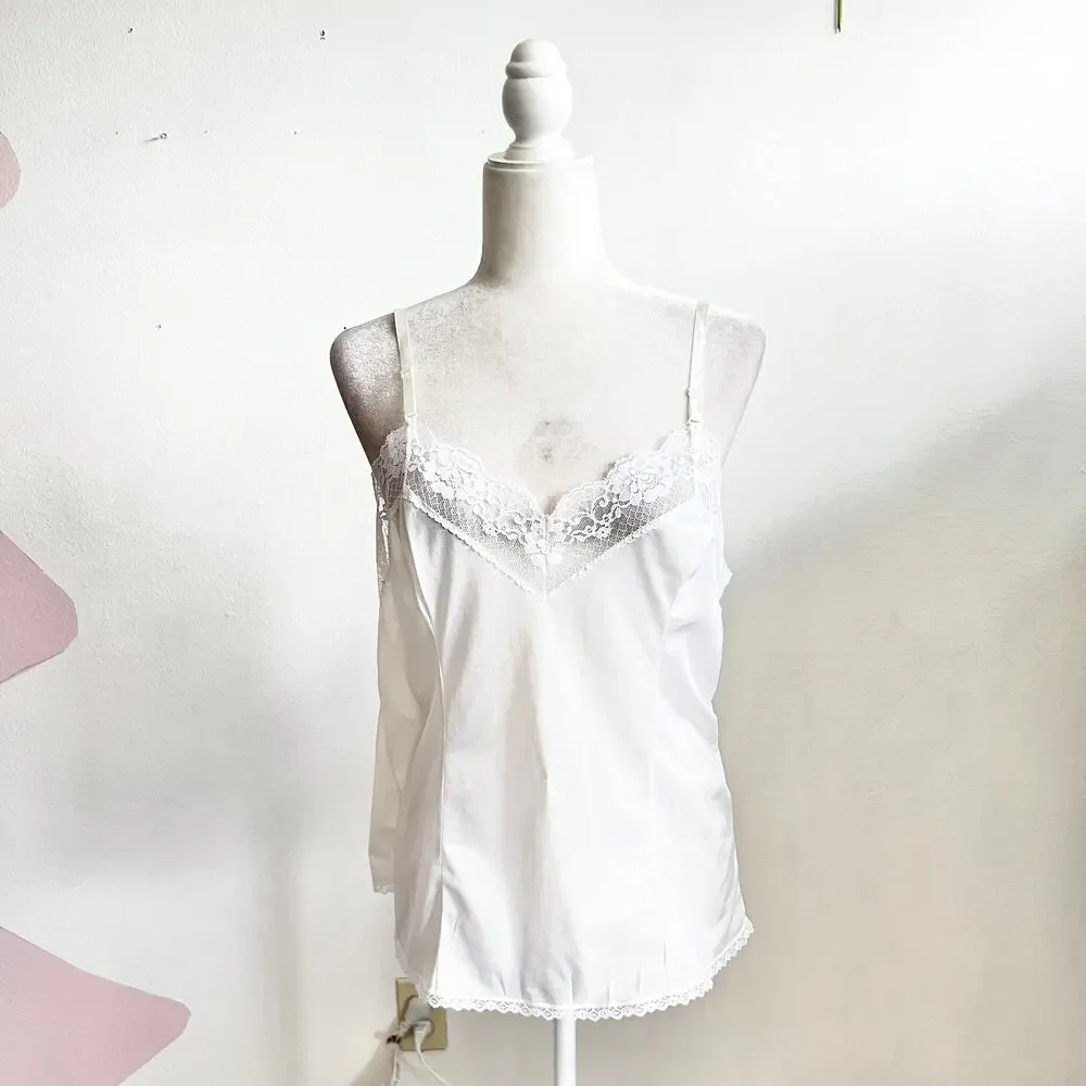 Vintage White Lace Trim Tank Top,‎ Coquette Balletcore Y2K Lingerie Bridal Large